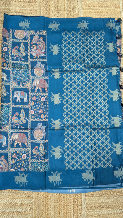 Pecock Blue Kosa Silk Saree with Block Prints