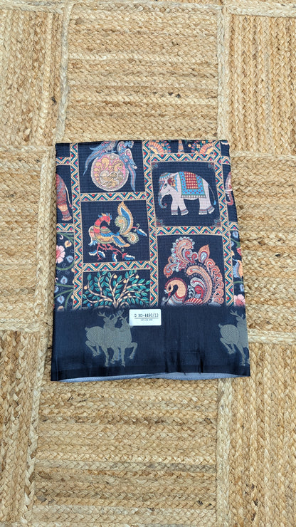Navy Blue Kosa Silk Saree with Block Prints