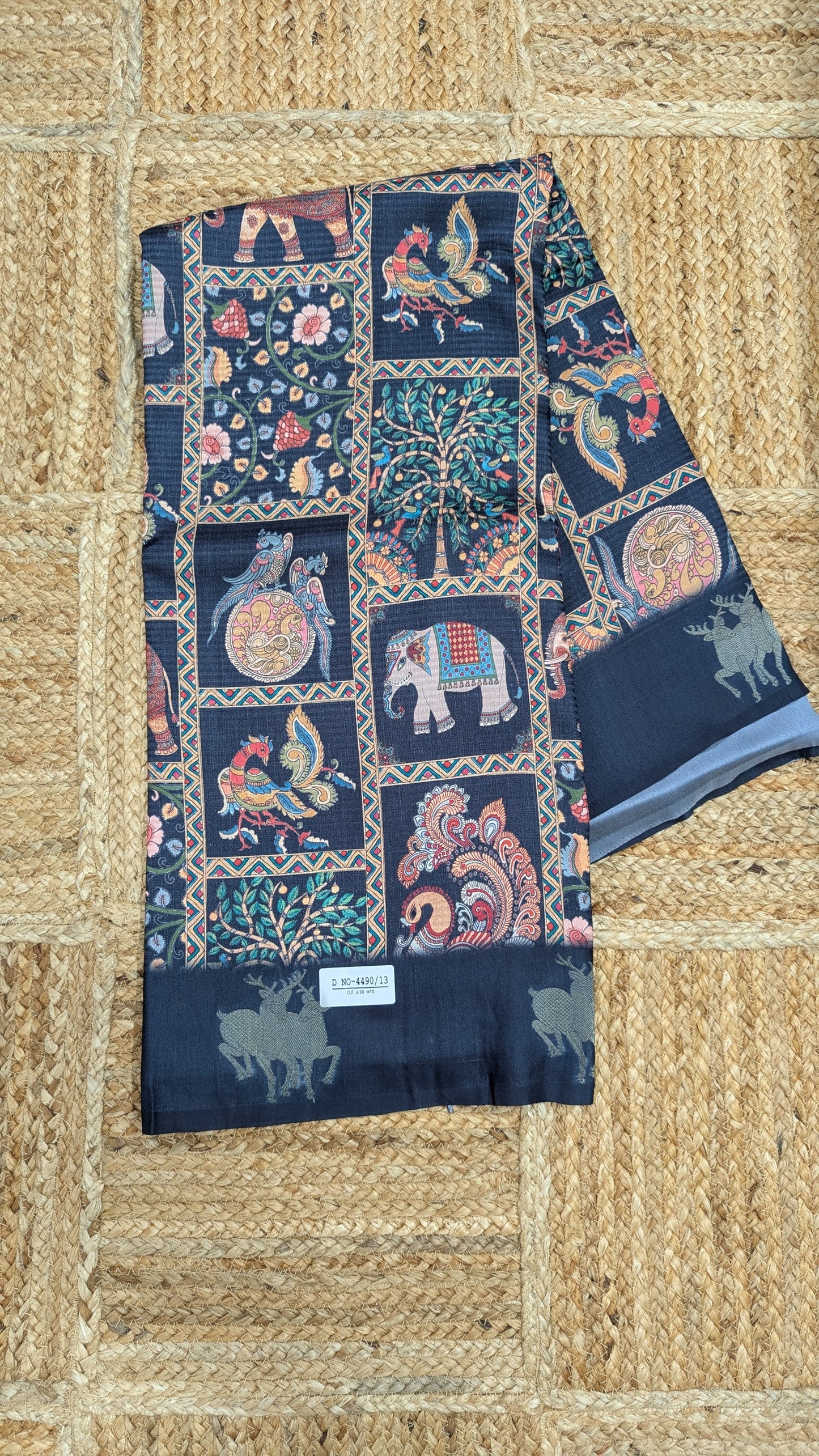 Navy Blue Kosa Silk Saree with Block Prints