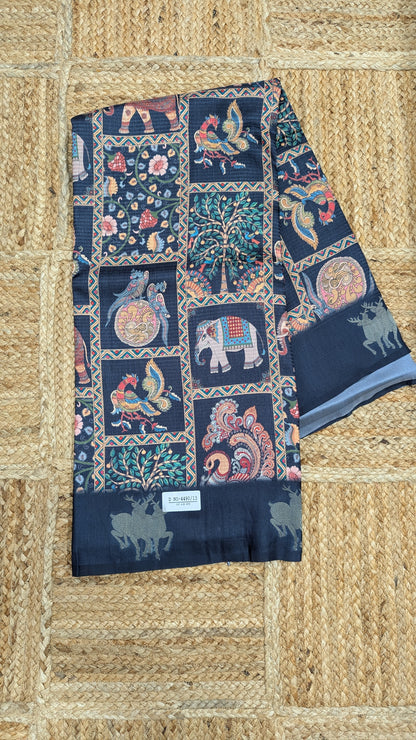 Navy Blue Kosa Silk Saree with Block Prints