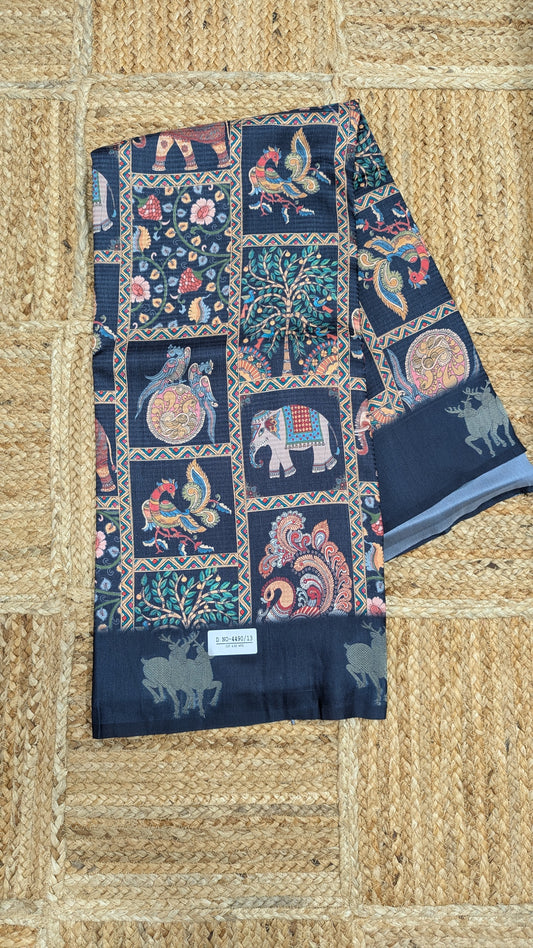 Navy Blue Kosa Silk Saree with Block Prints