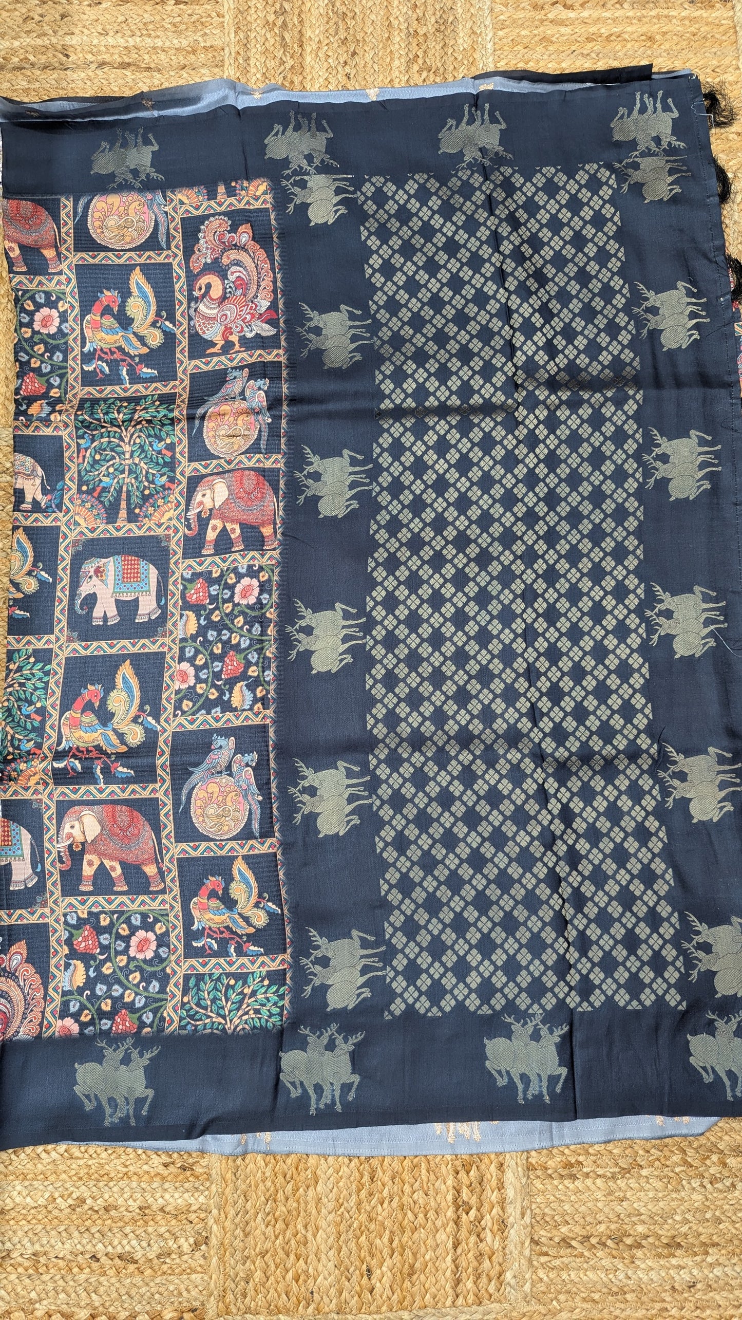Navy Blue Kosa Silk Saree with Block Prints