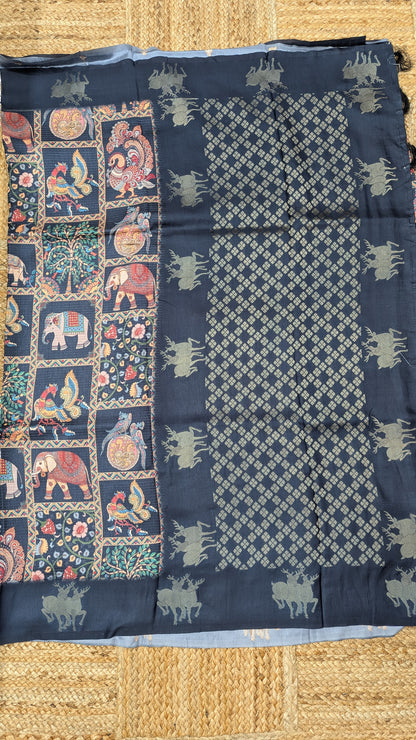 Navy Blue Kosa Silk Saree with Block Prints