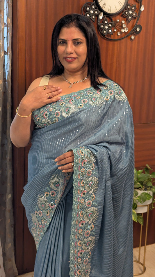 Grey Sequence and Embroidery Border Saree