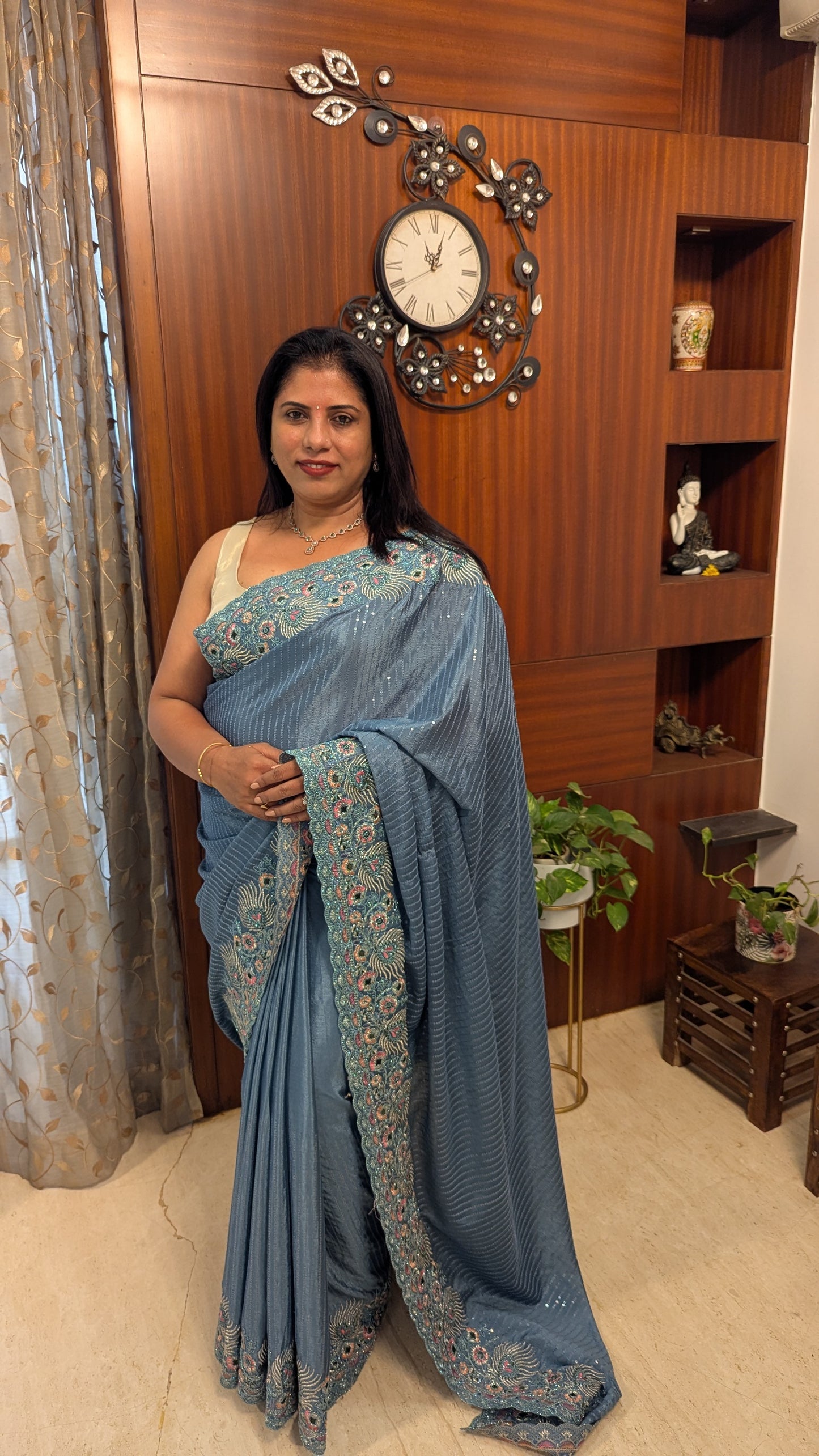 Grey Sequence and Embroidery Border Saree