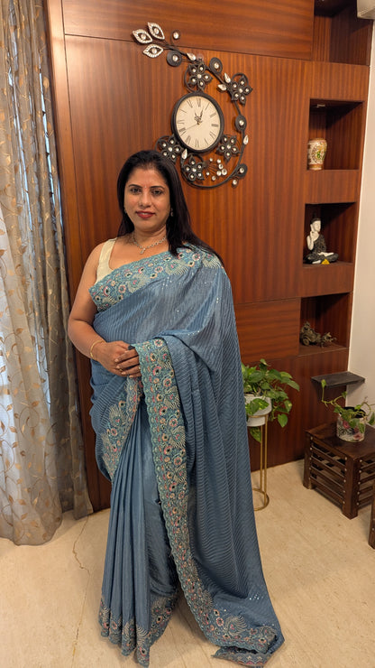 Grey Sequence and Embroidery Border Saree