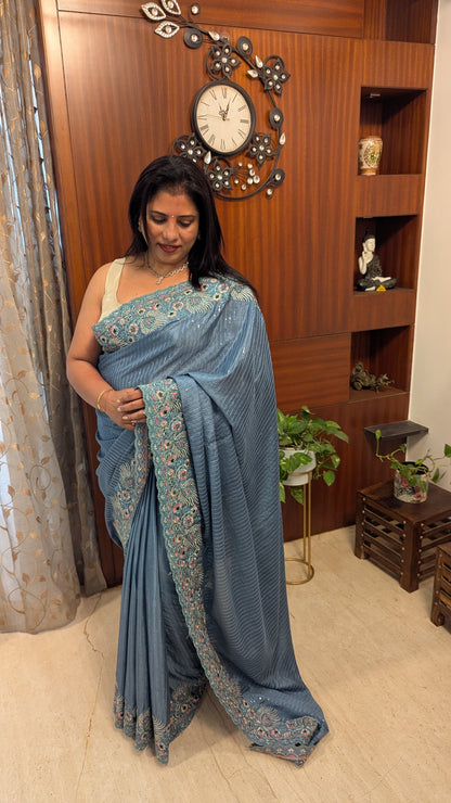 Grey Sequence and Embroidery Border Saree
