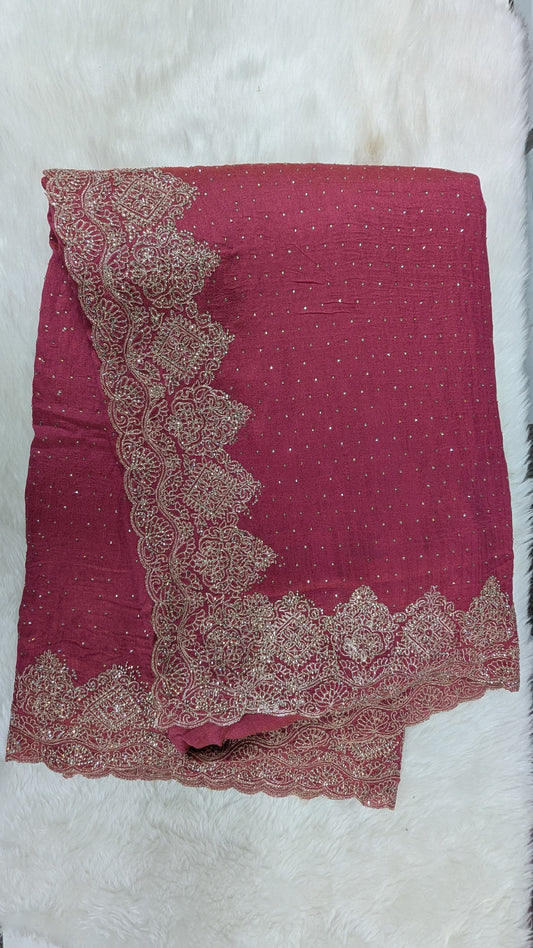 Pink Golden Work border Saree