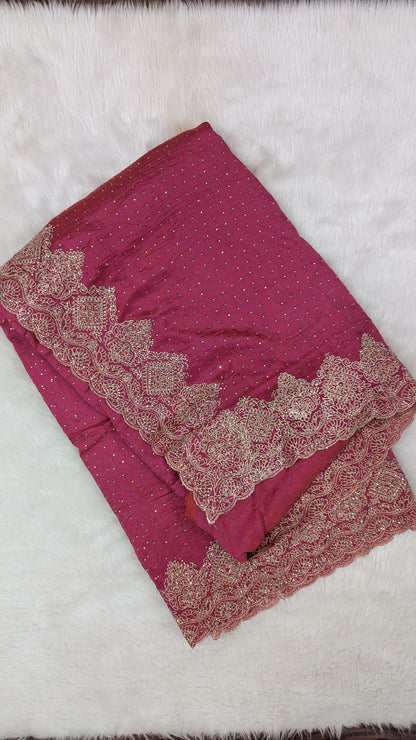 Pink Golden Work border Saree