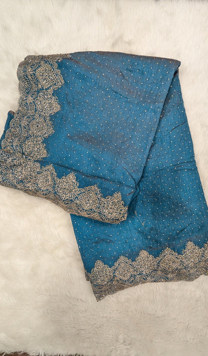 Blue Golden Zardozi Work border Saree