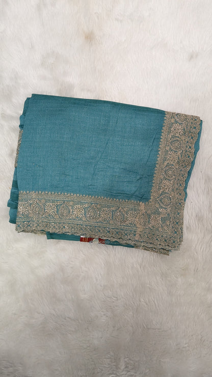Turquoise Blue and Golden Zardozi Work border Saree