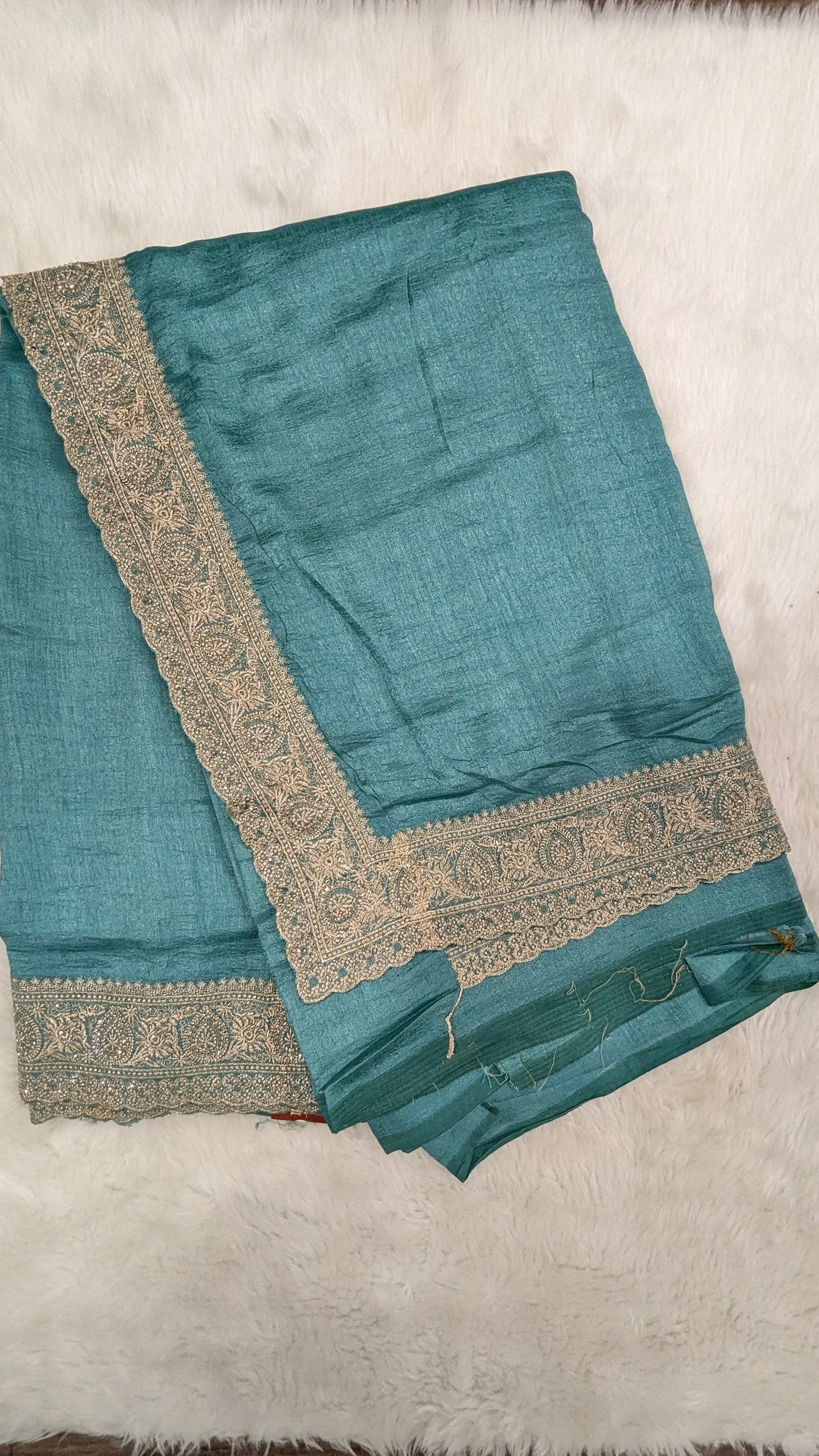 Turquoise Blue and Golden Zardozi Work border Saree
