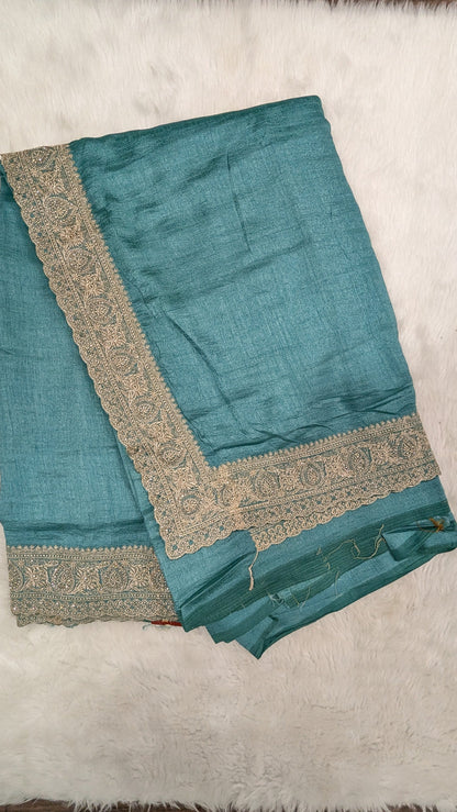 Turquoise Blue and Golden Zardozi Work border Saree