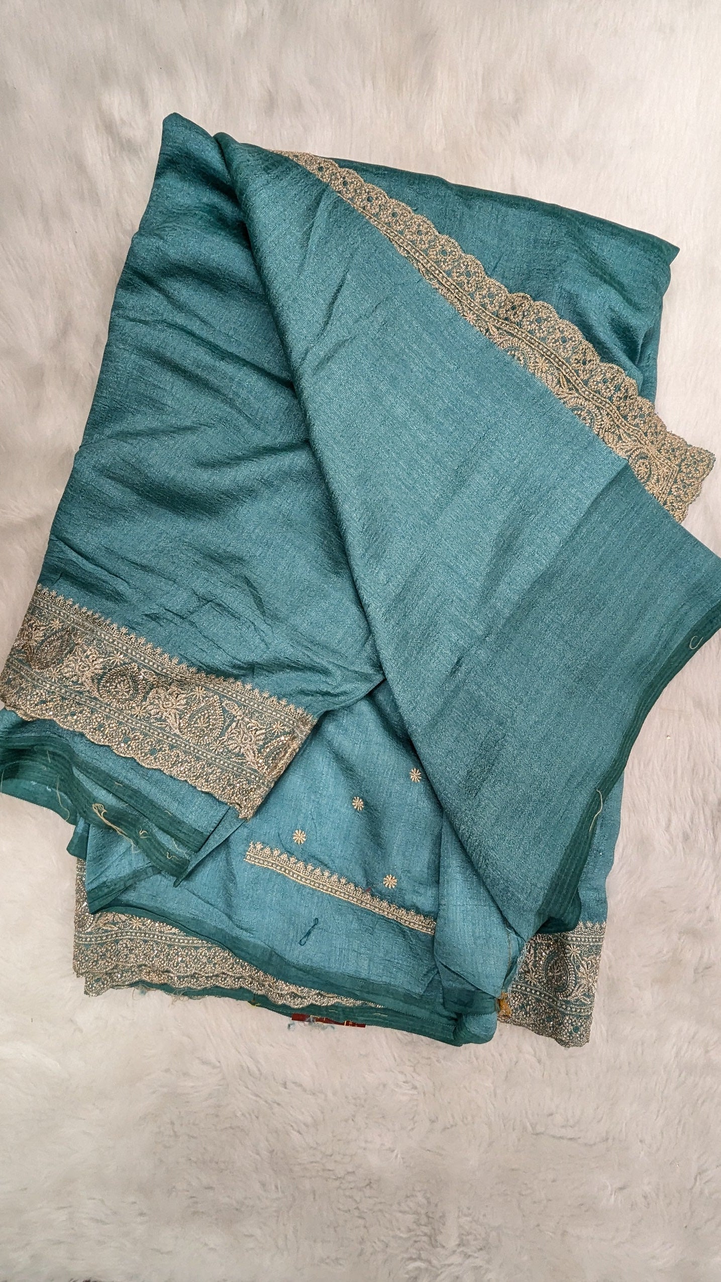 Turquoise Blue and Golden Zardozi Work border Saree