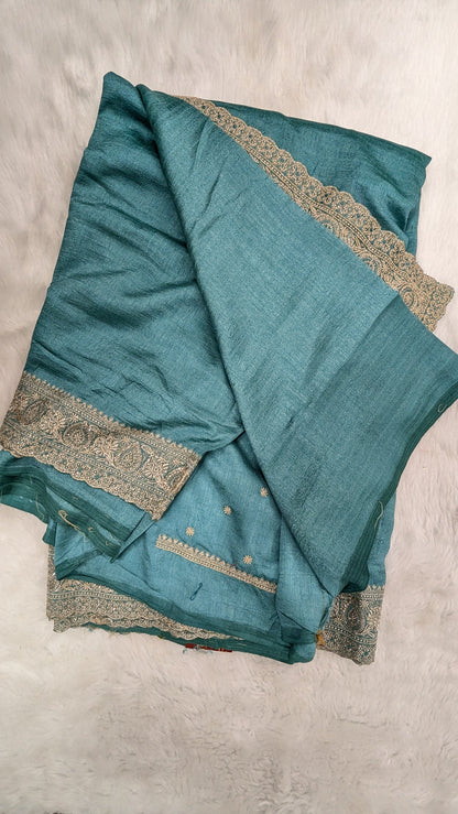 Turquoise Blue and Golden Zardozi Work border Saree