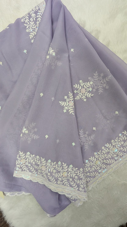 Lavender with White Embroidery work Saree
