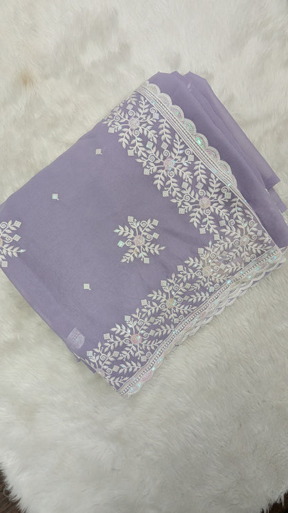 Lavender with White Embroidery work Saree