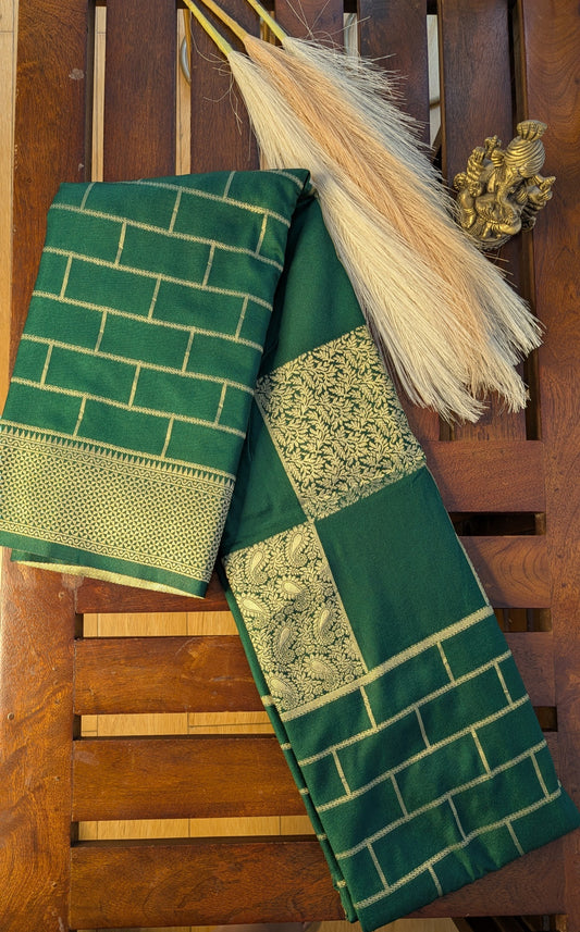 Bottle Green Checks Crepe Silk