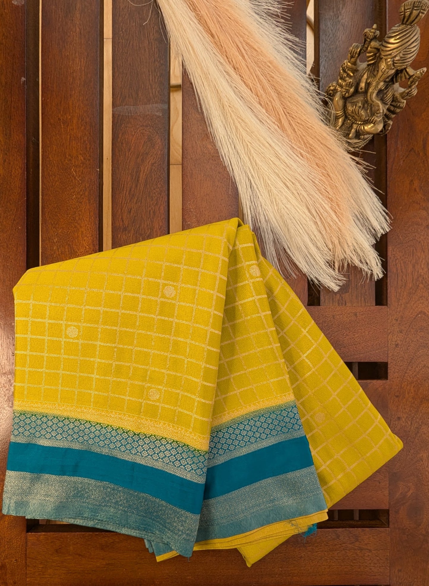 Mustard and Teal Blue Semi Mysore Silk Saree
