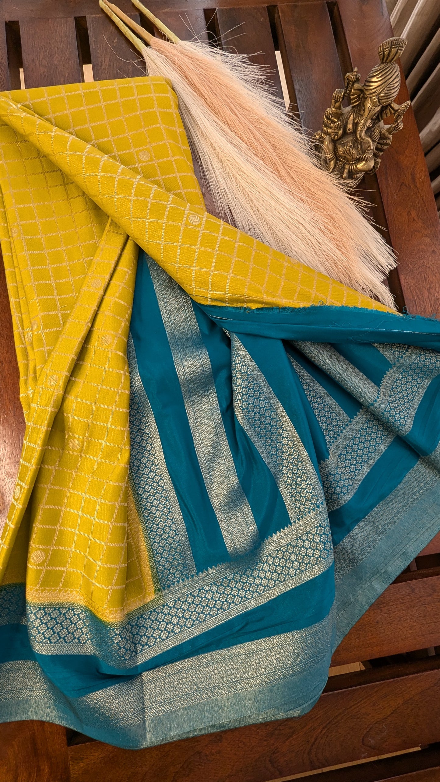 Mustard and Teal Blue Semi Mysore Silk Saree