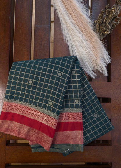Bottle Green and Red Semi Mysore Silk Saree