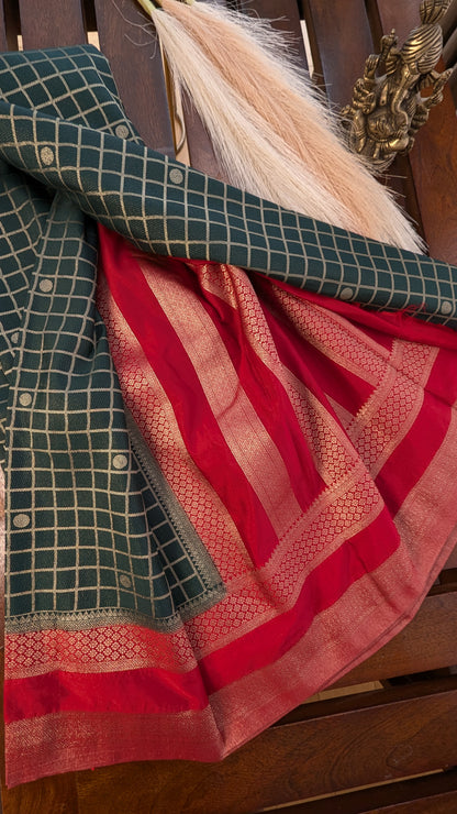 Bottle Green and Red Semi Mysore Silk Saree