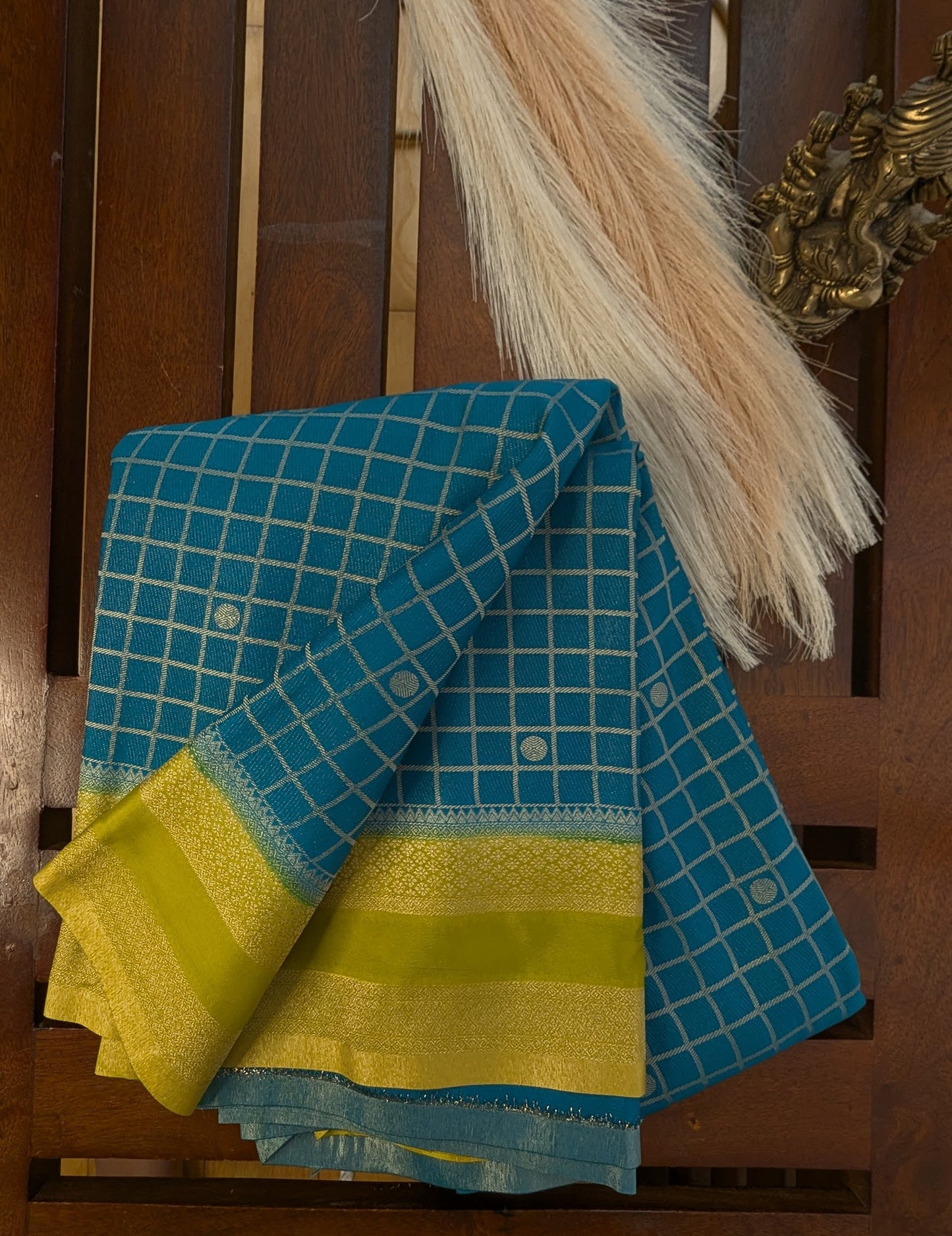 Teal Blue and Yellow Semi Mysore Silk Saree