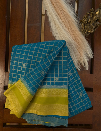 Teal Blue and Yellow Semi Mysore Silk Saree