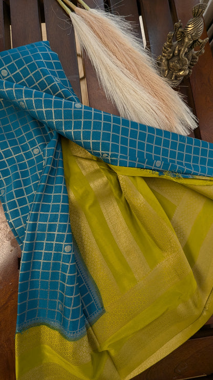 Teal Blue and Yellow Semi Mysore Silk Saree