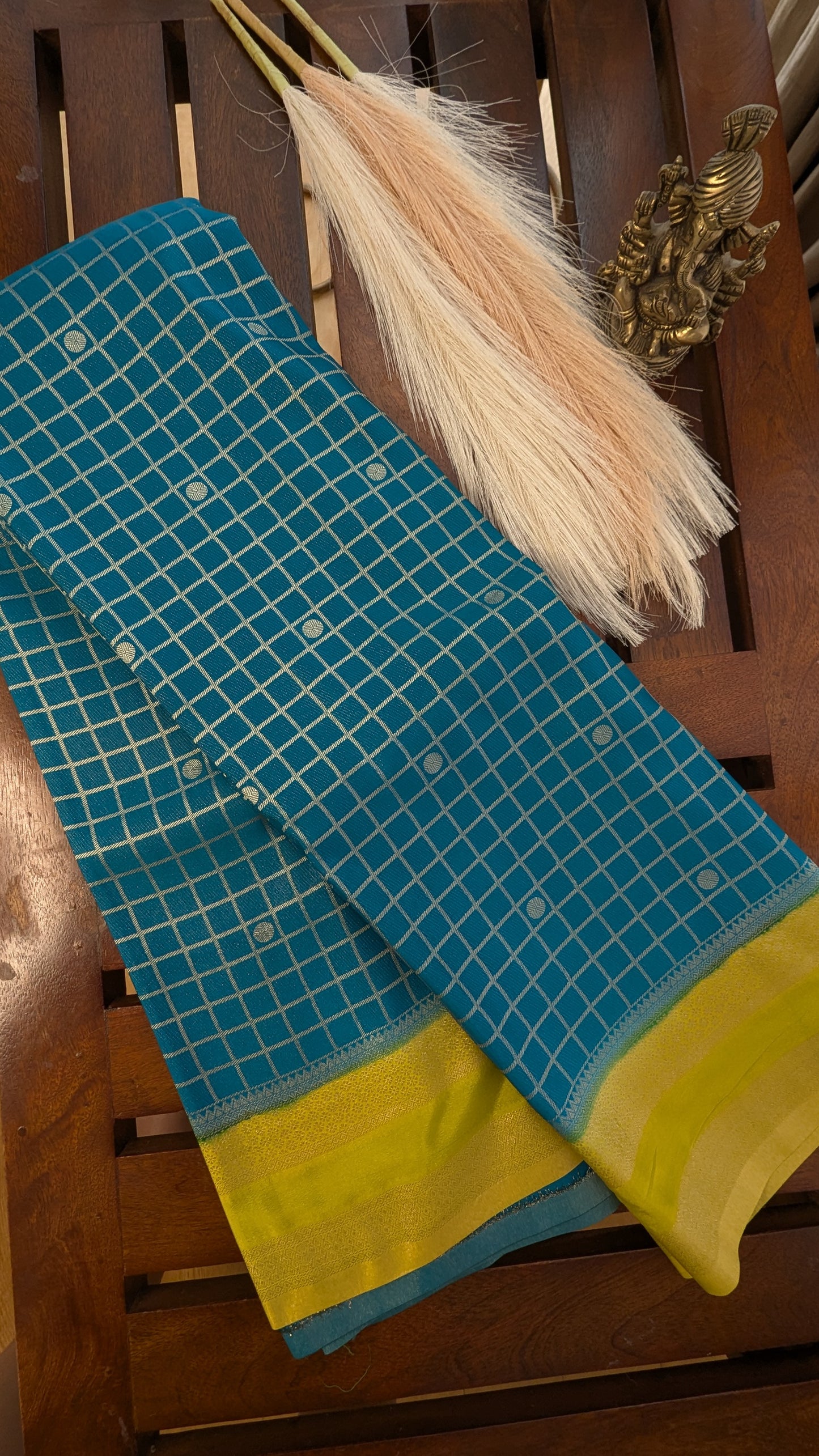 Teal Blue and Yellow Semi Mysore Silk Saree