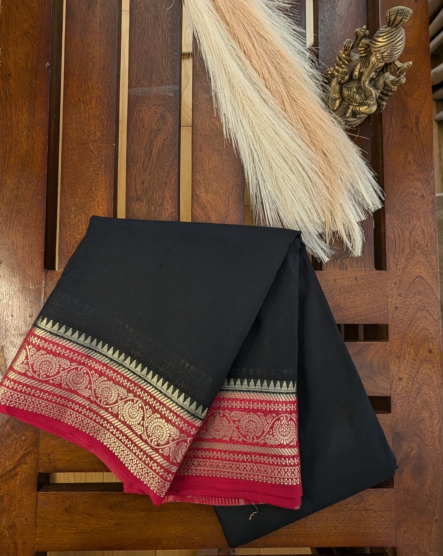 Black and Red Border Semi Mysore Silk Saree