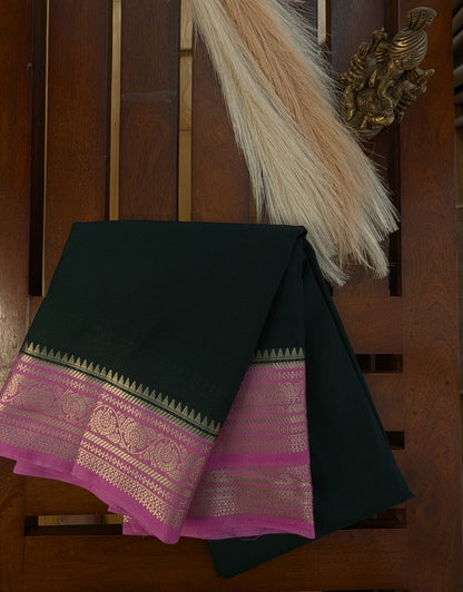 Bottle Green and Pink Border Semi Mysore Silk Saree