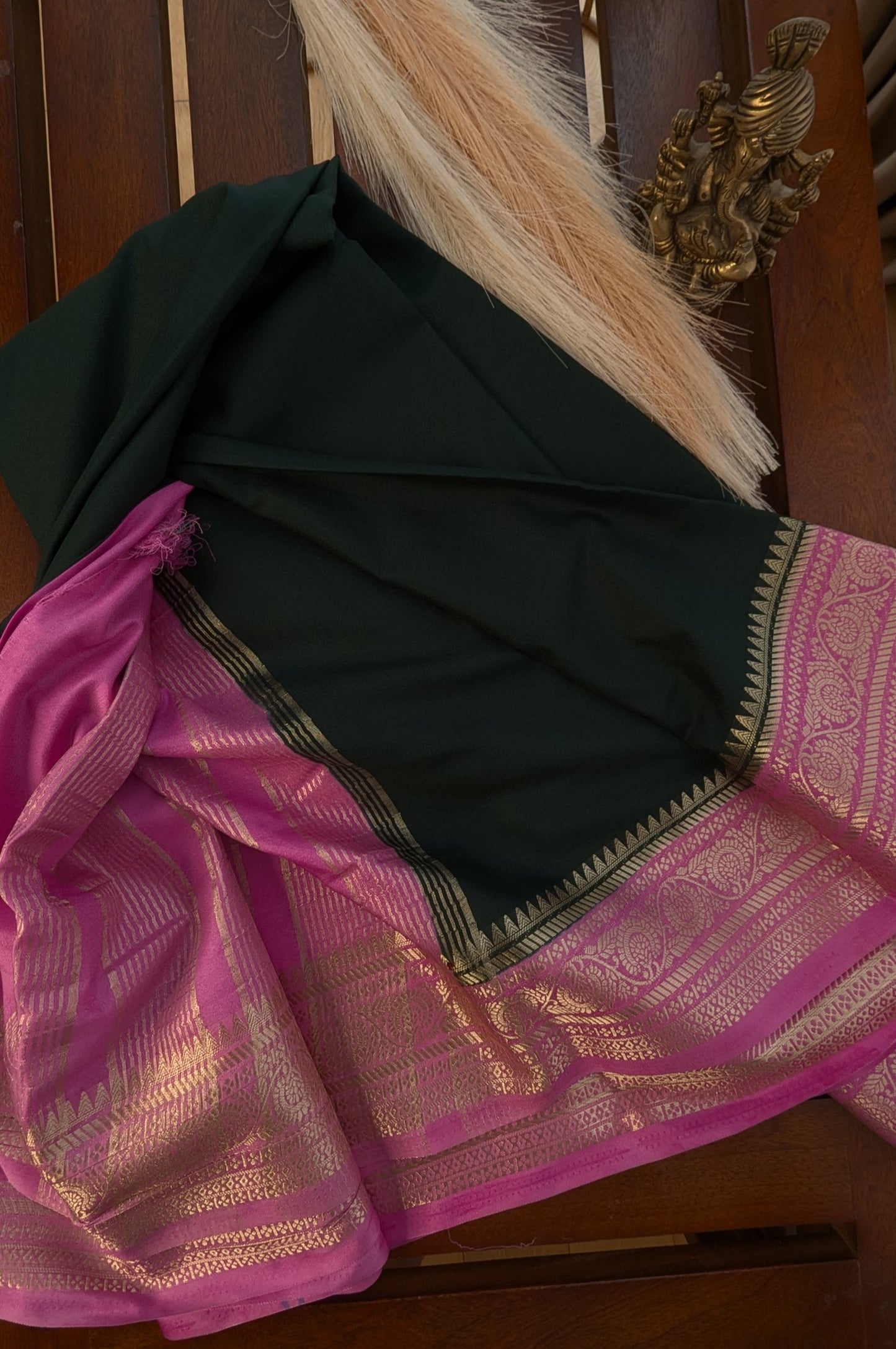 Bottle Green and Pink Border Semi Mysore Silk Saree
