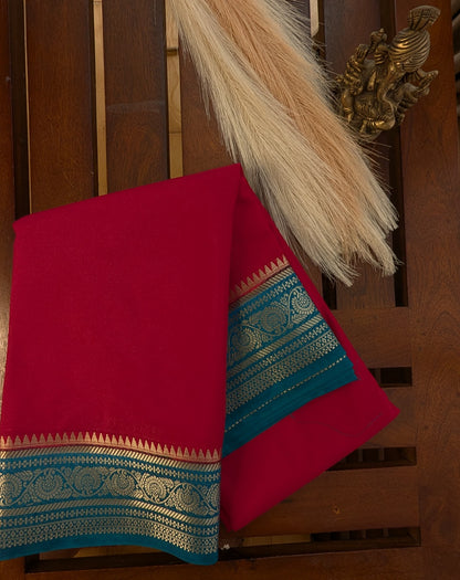 Magenta with Blue border Semi Mysore Silk Saree