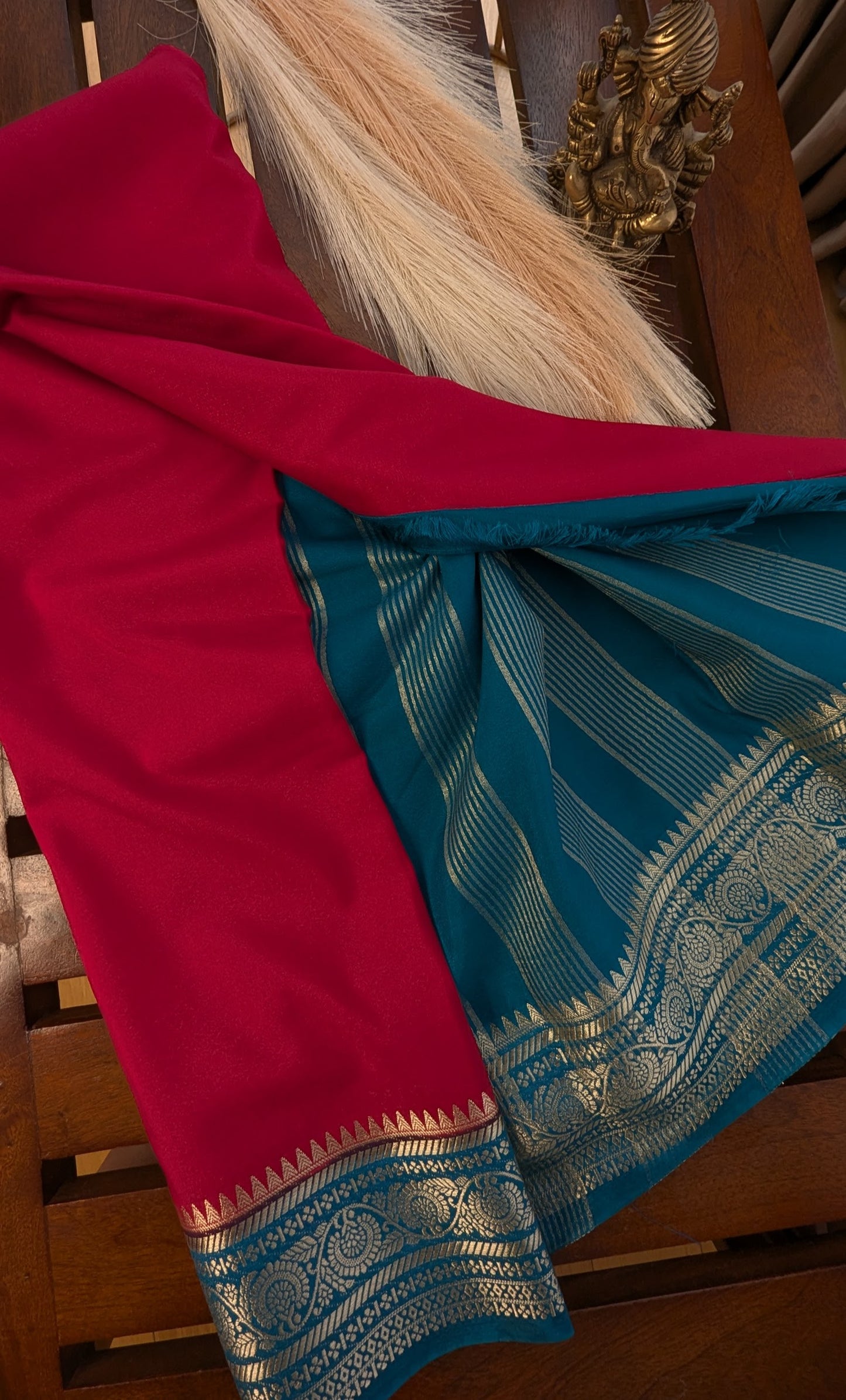Magenta with Blue border Semi Mysore Silk Saree