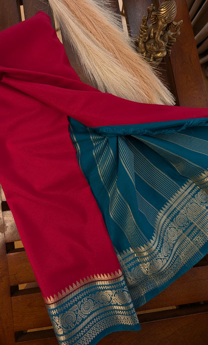 Magenta with Blue border Semi Mysore Silk Saree