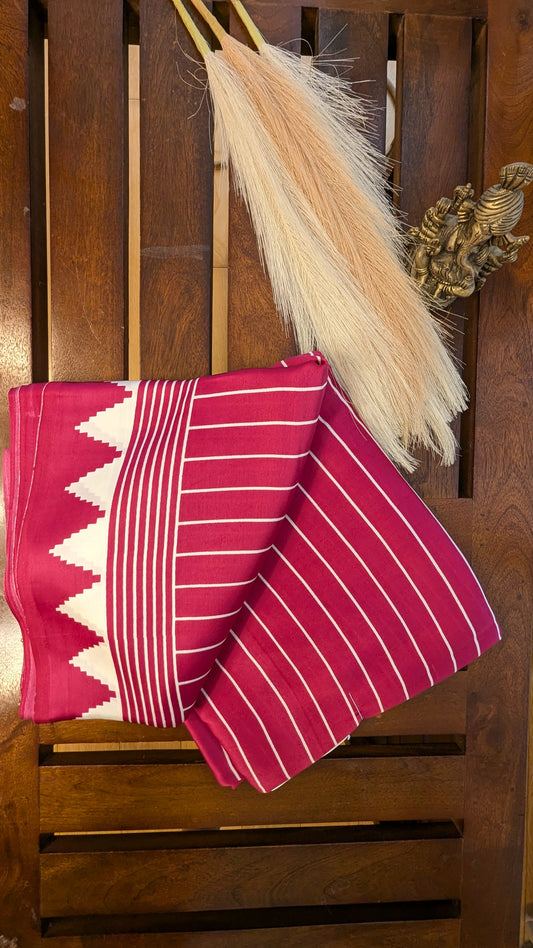 Pink and White Stripes Sateen Silk Saree