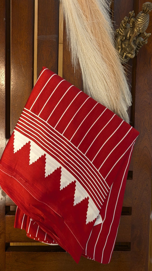 Red and White Stripes Sateen Silk Saree