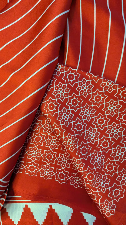 Red and White Stripes Sateen Silk Saree