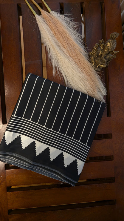 Black and White Stripes Sateen Silk Saree