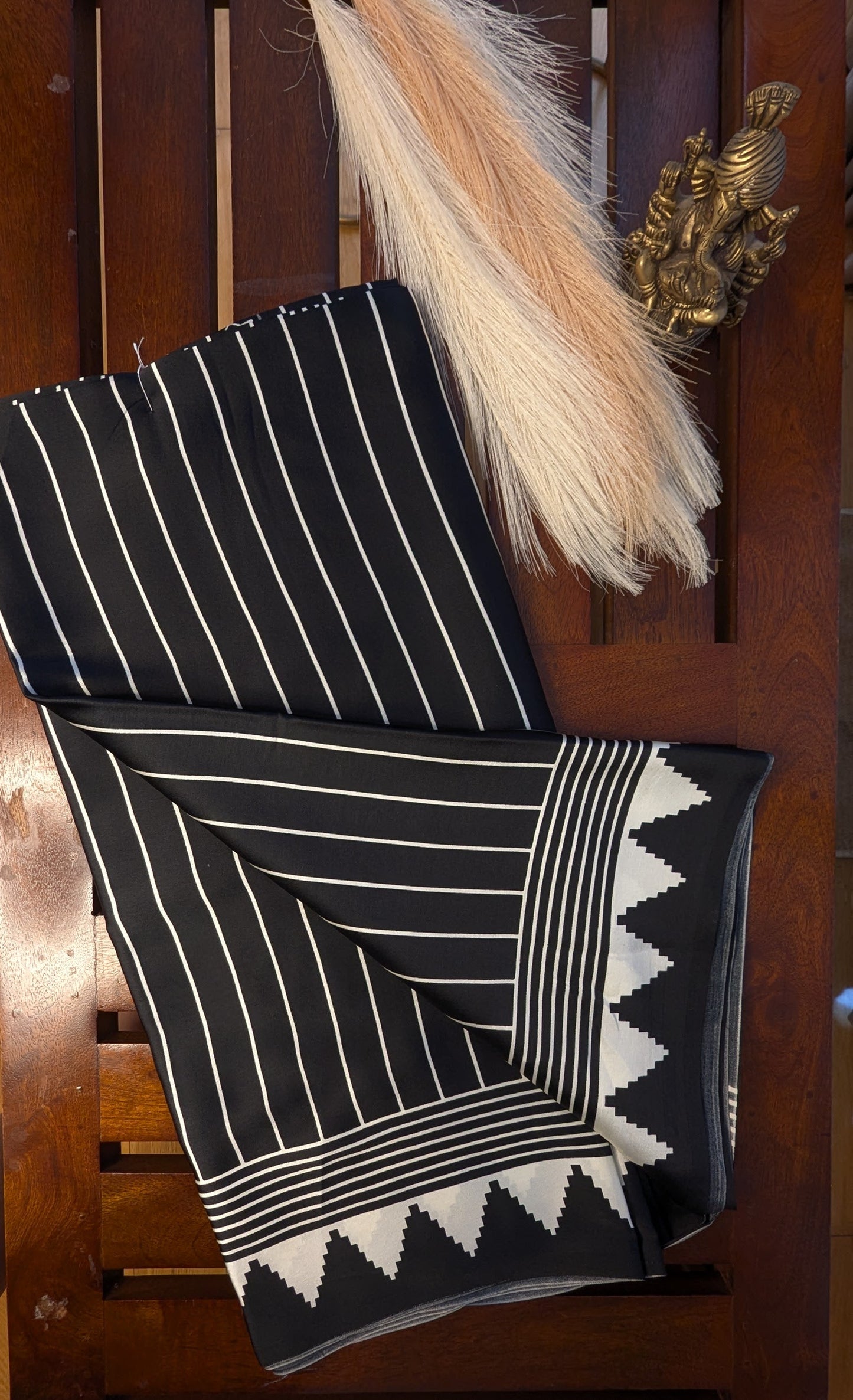 Black and White Stripes Sateen Silk Saree
