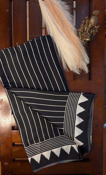 Black and White Stripes Sateen Silk Saree