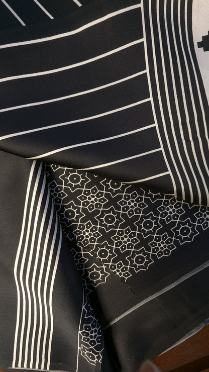 Black and White Stripes Sateen Silk Saree