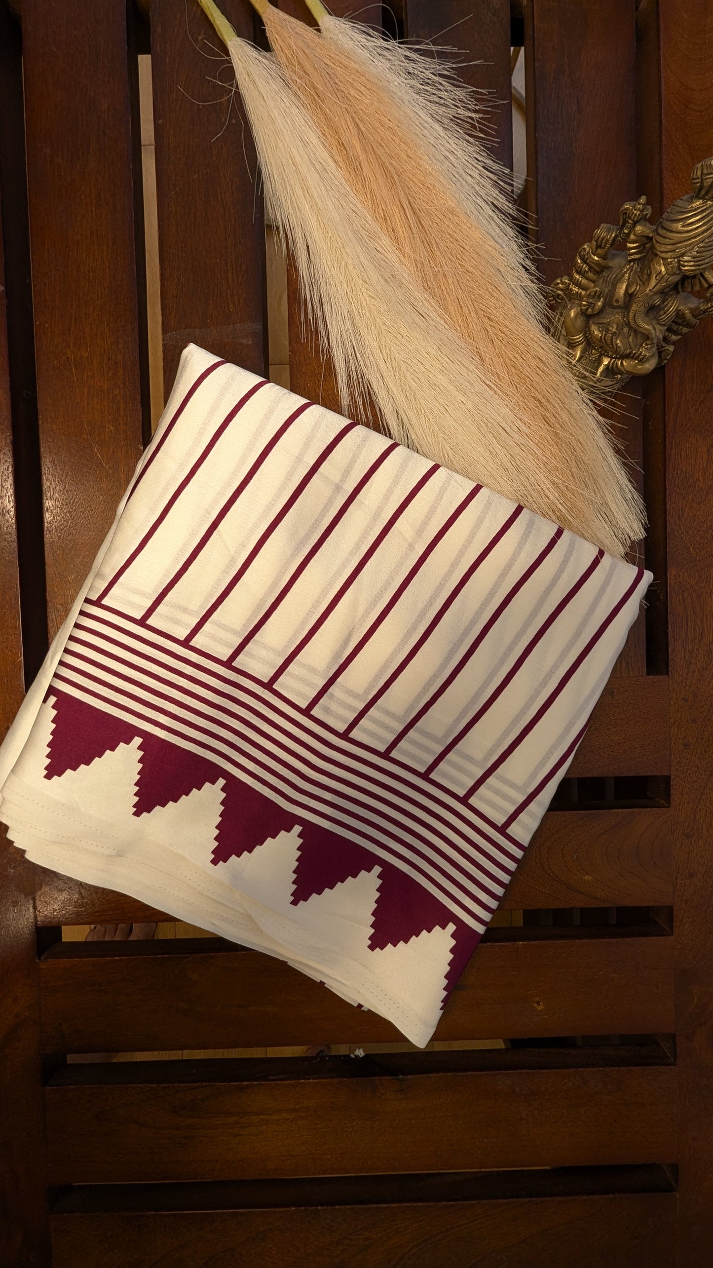 White and Wine Stripes Sateen Silk Saree