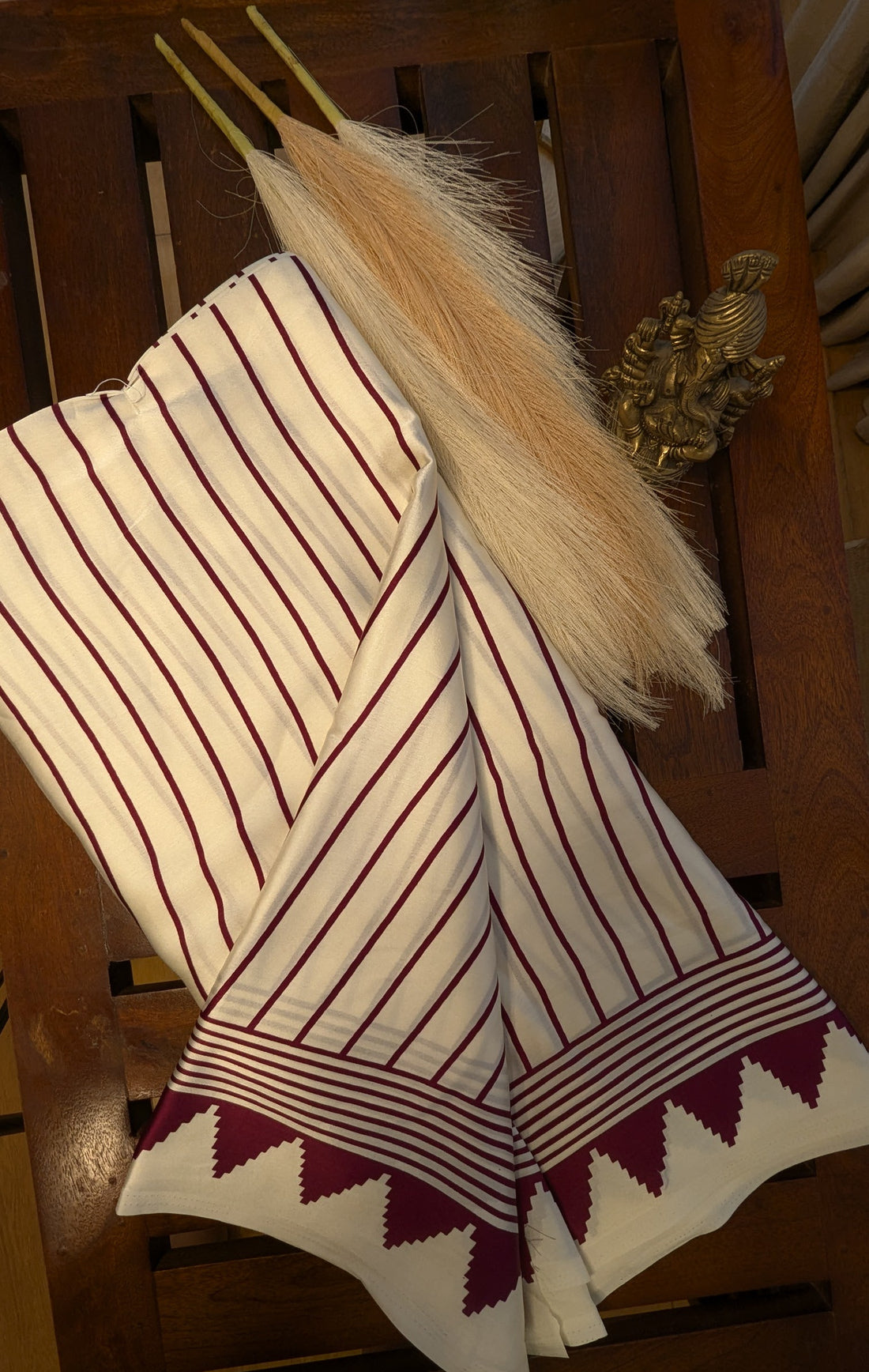 White and Wine Stripes Satin Crepe Silk Saree