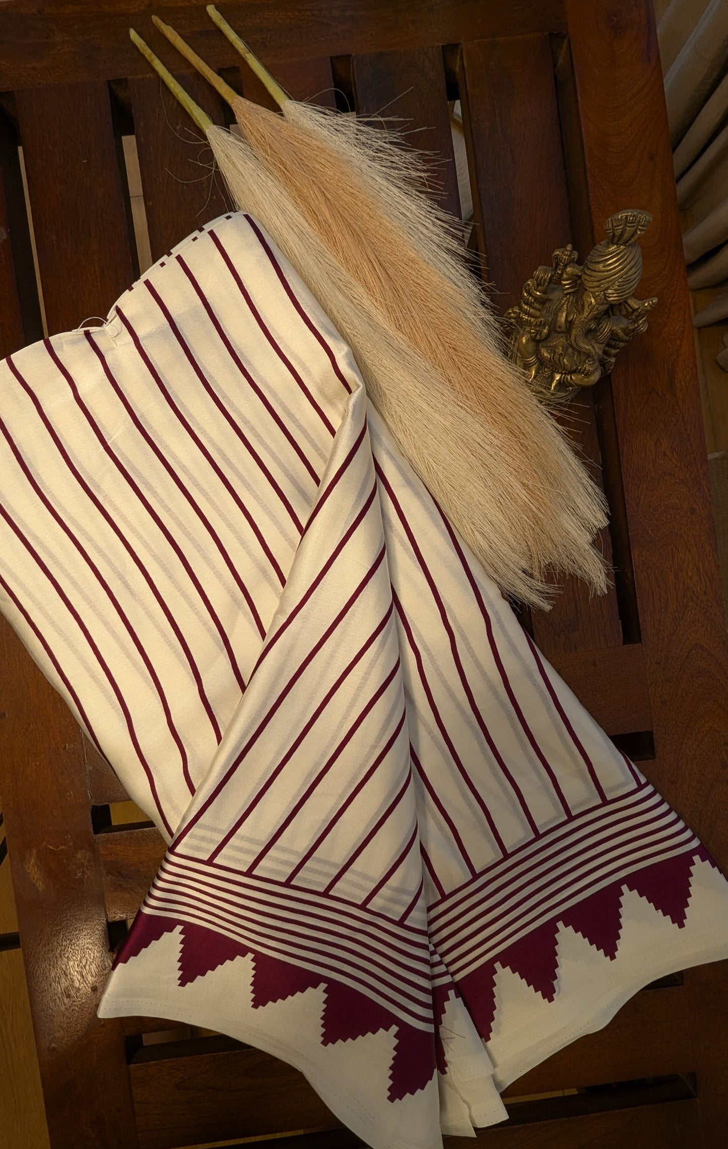 White and Wine Stripes Sateen Silk Saree