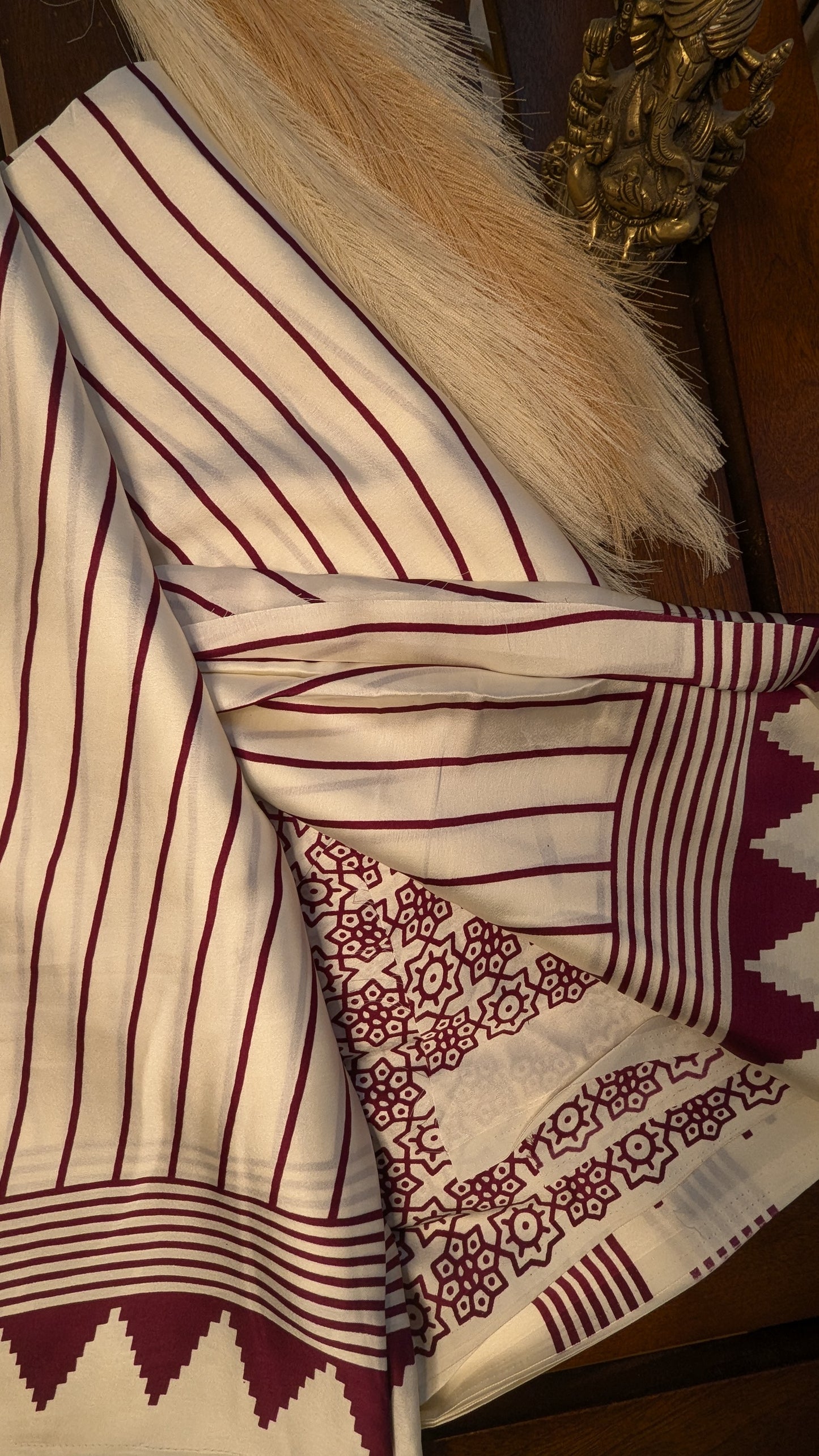 White and Wine Stripes Sateen Silk Saree