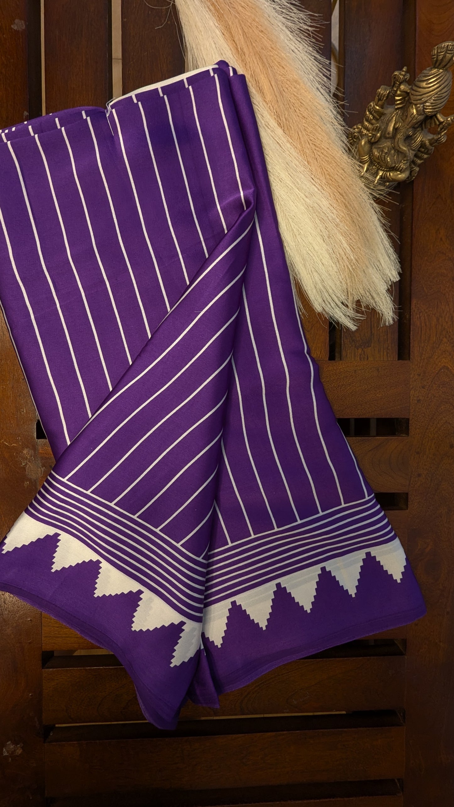 Purple and White Stripes Sateen Silk Saree