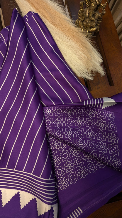 Purple and White Stripes Sateen Silk Saree