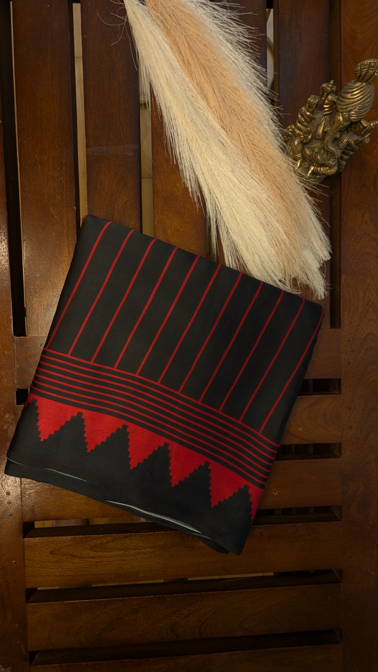 Black and Red Stripes Sateen Silk Saree